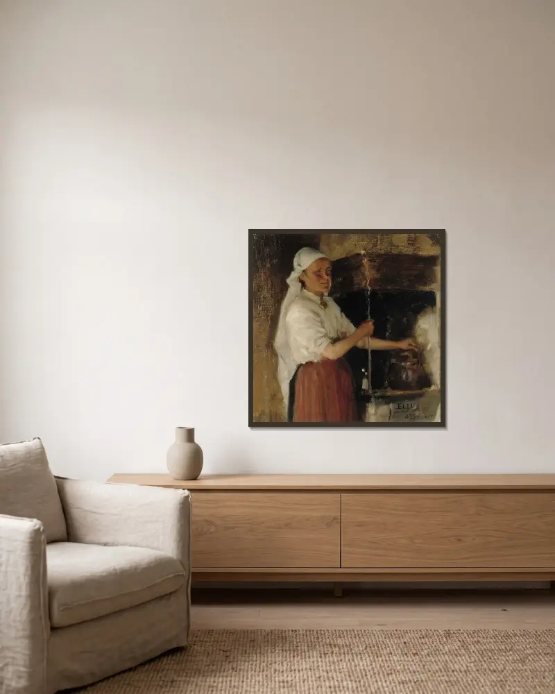 Elli Jäppinen at the Stove, study von Albert Edelfelt gerahmt an einer Wand