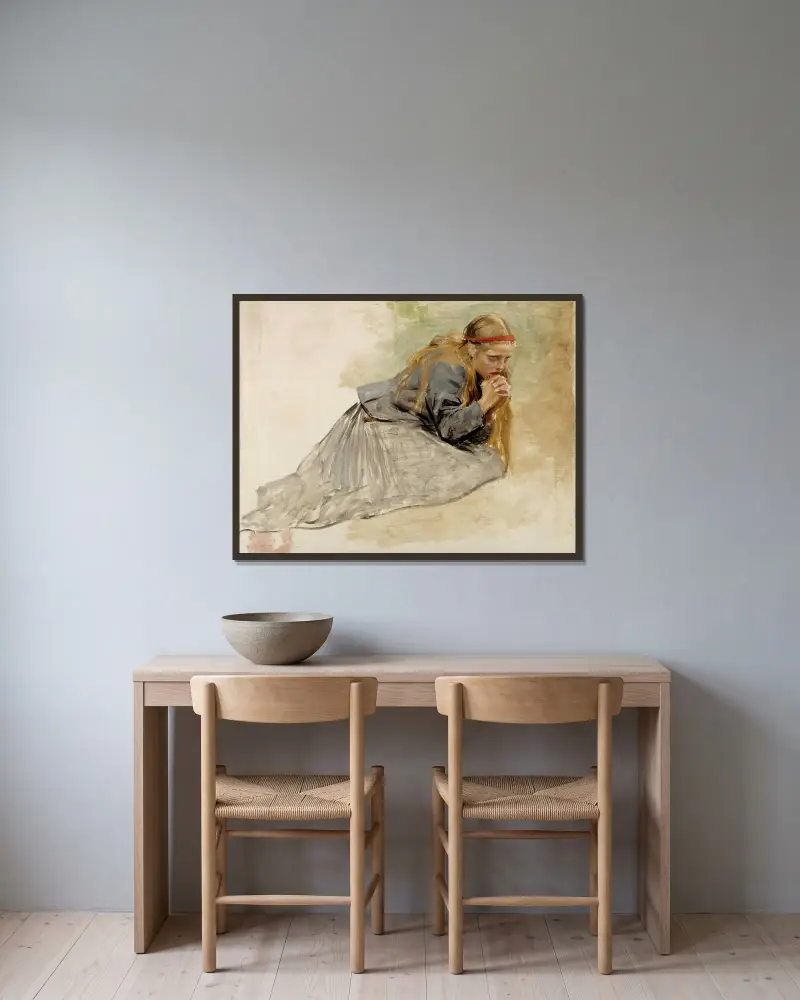 Mary Magdalene Kneeling, Study For The Christ And Mary Magdalene av Albert Edelfelt inramad på en vägg