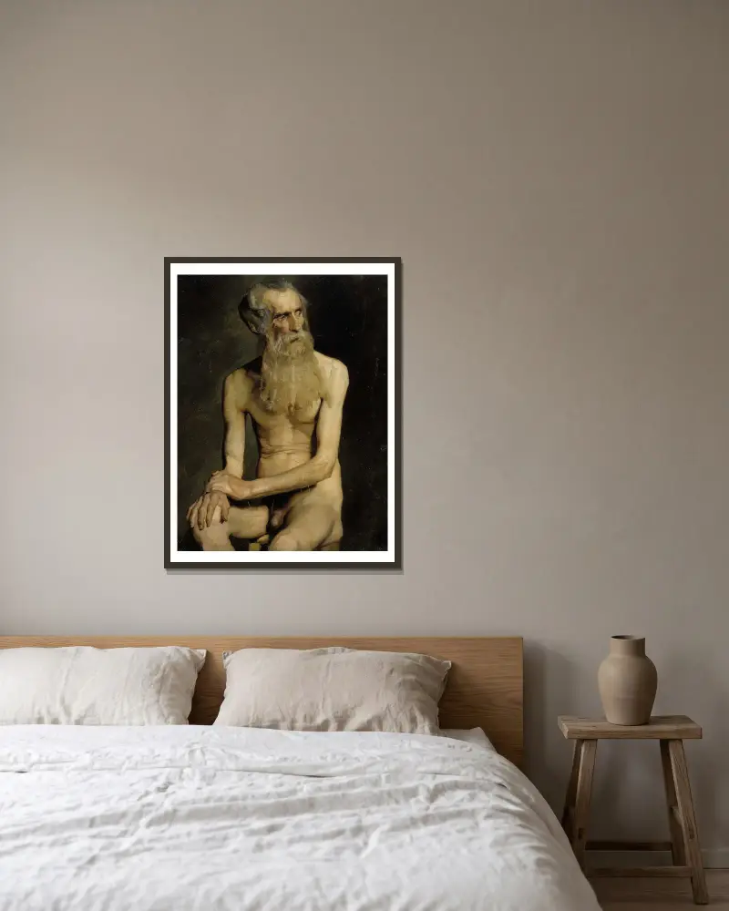 Starý muž sedící, akademická studie, Albert Edelfelt v rámu na stěně