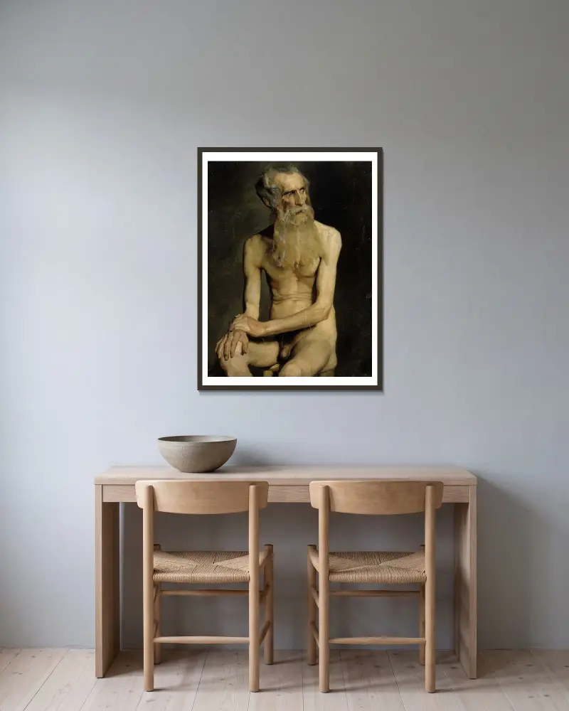 Starý muž sedící, akademická studie, Albert Edelfelt v rámu na stěně
