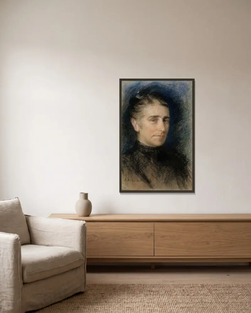 Portrait of Mrs. Emilie Krohn, Albert Edelfelt v rámu na stěně