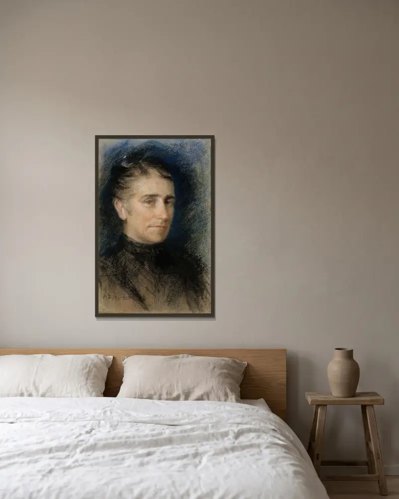 Portrait of Mrs. Emilie Krohn, Albert Edelfelt v rámu na stěně