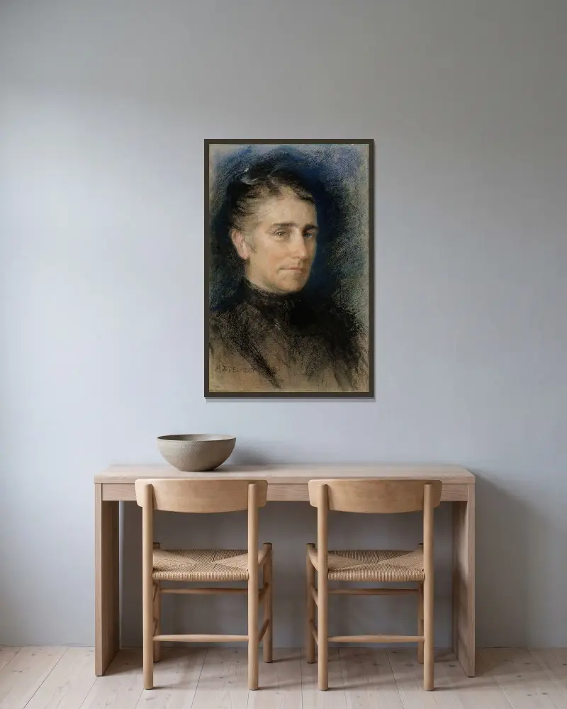 Portrait of Mrs. Emilie Krohn, Albert Edelfelt v rámu na stěně