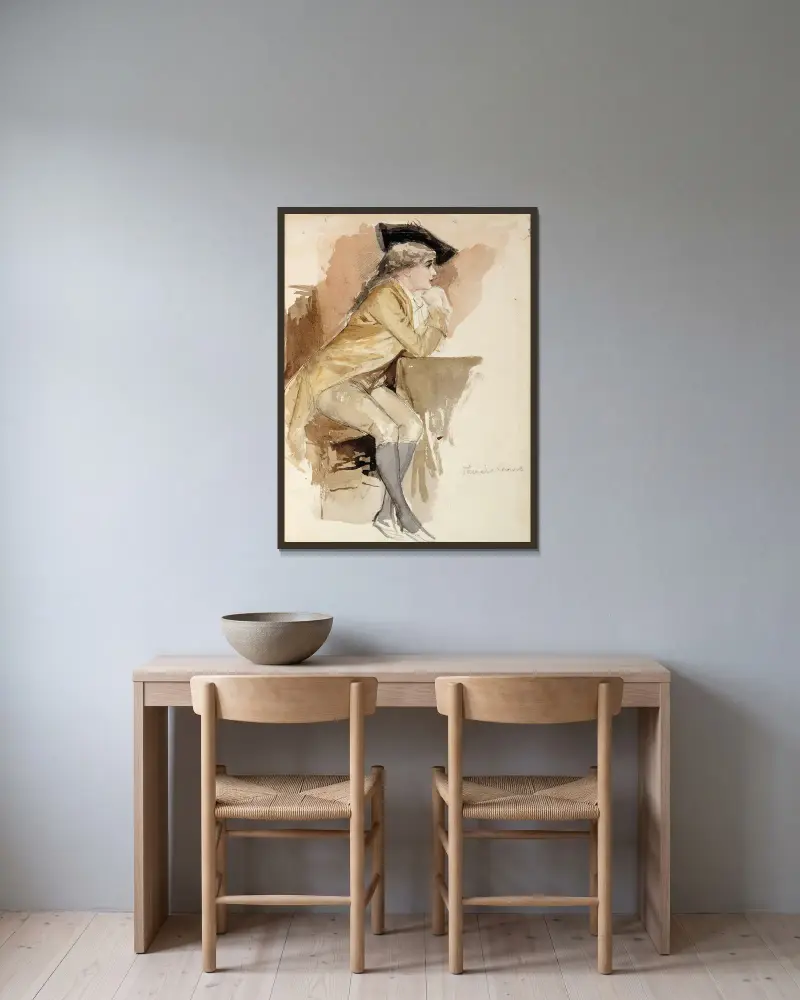 Thérèse Lainville i 1700-talsdräkt av Albert Edelfelt inramad på en vägg