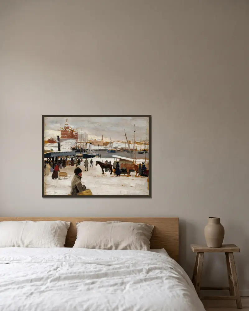 Winter Day In Helsinki Market Square, Study av Albert Edelfelt inramad på en vägg