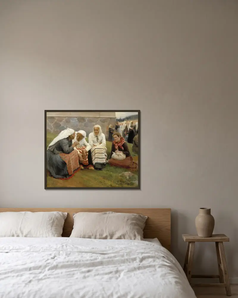 Frauen vor der Kirche in Ruokolahti von Albert Edelfelt gerahmt an einer Wand
