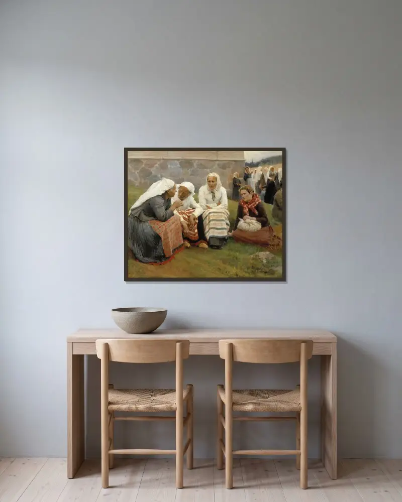 Frauen vor der Kirche in Ruokolahti von Albert Edelfelt gerahmt an einer Wand