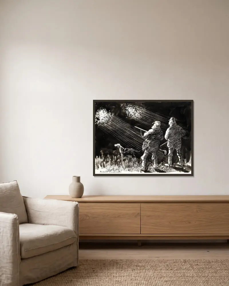 Hunting Life av Albert Engström inramad på en vägg