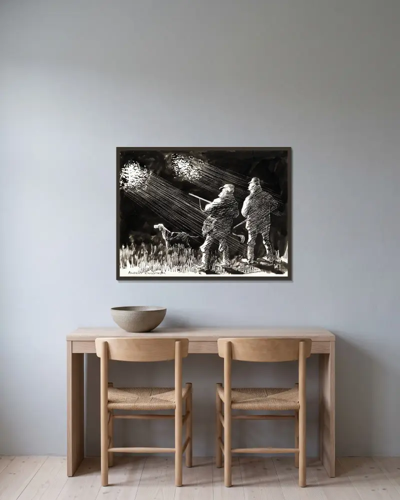 Hunting Life av Albert Engström inramad på en vägg