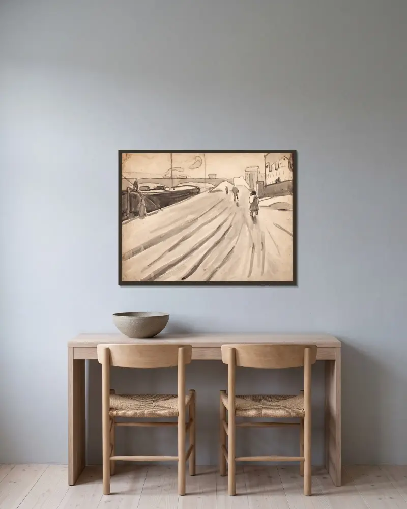 Kai mit Lastkahn oder Eisenbahnbrücke über die Seine von Albert Gleizes gerahmt an einer Wand