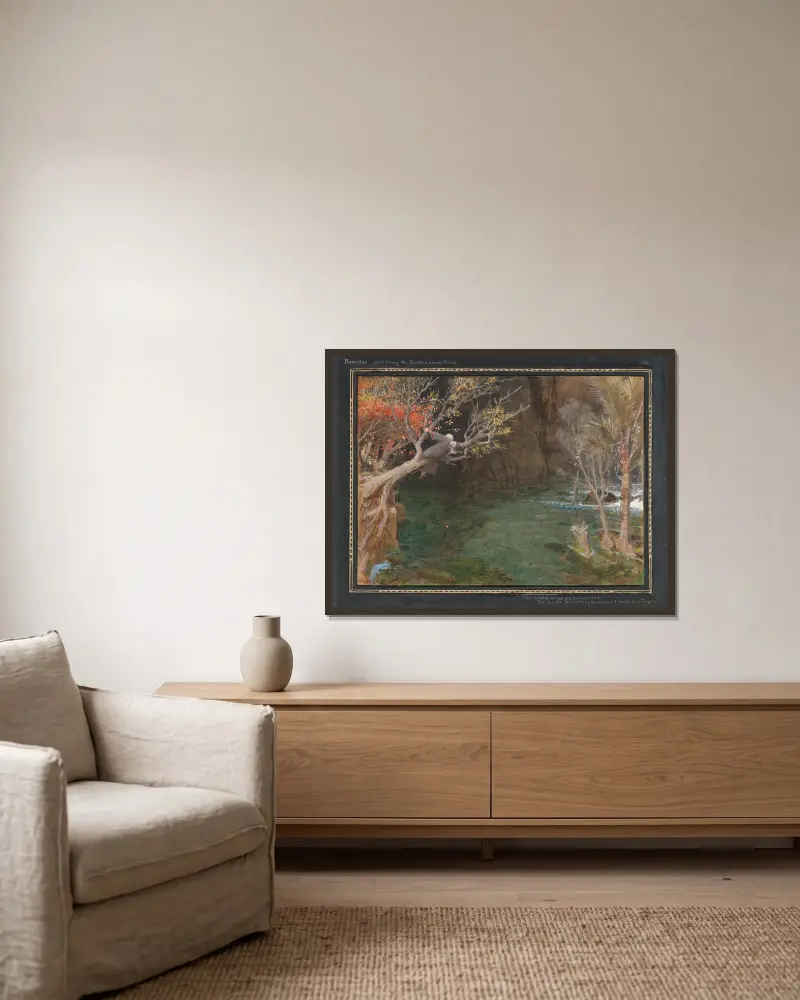 Rasselas erforscht den unterirdischen Fluss von Albert Goodwin gerahmt an einer Wand
