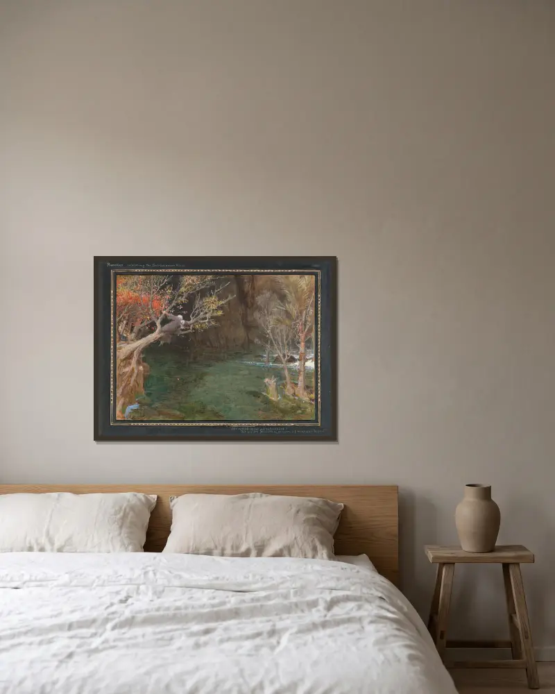 Rasselas erforscht den unterirdischen Fluss von Albert Goodwin gerahmt an einer Wand