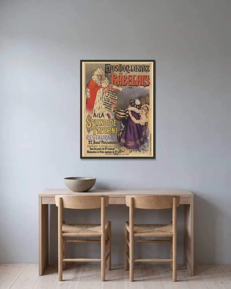 Utställning av Rabelais verk av Jules Garnier på Splendide Taverne, restaurang av Albert Guillaume inramad på en vägg