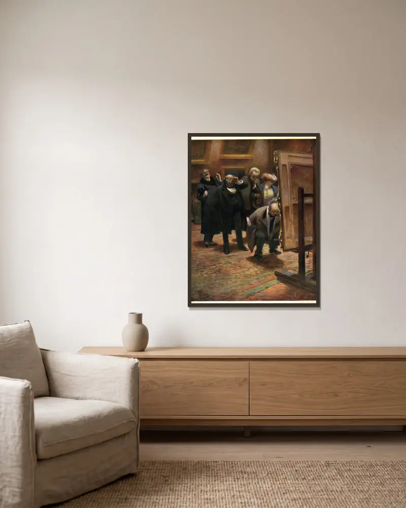Hommes examinant un tableau av Albert Guillaume inramad på en vägg