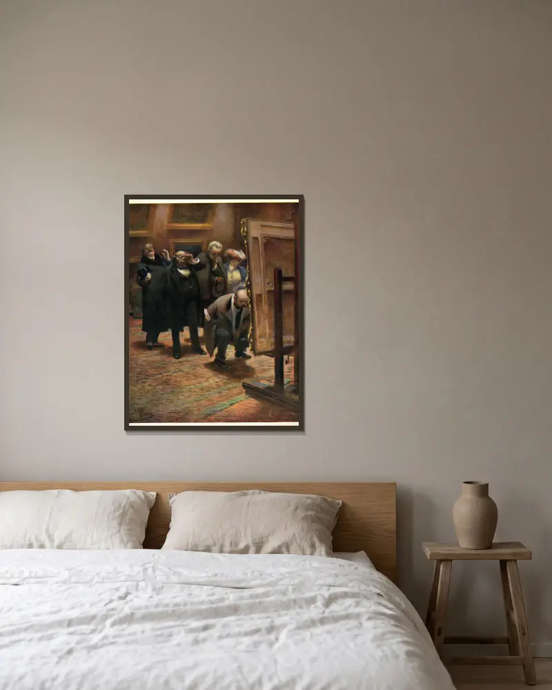 Hommes examinant un tableau av Albert Guillaume inramad på en vägg