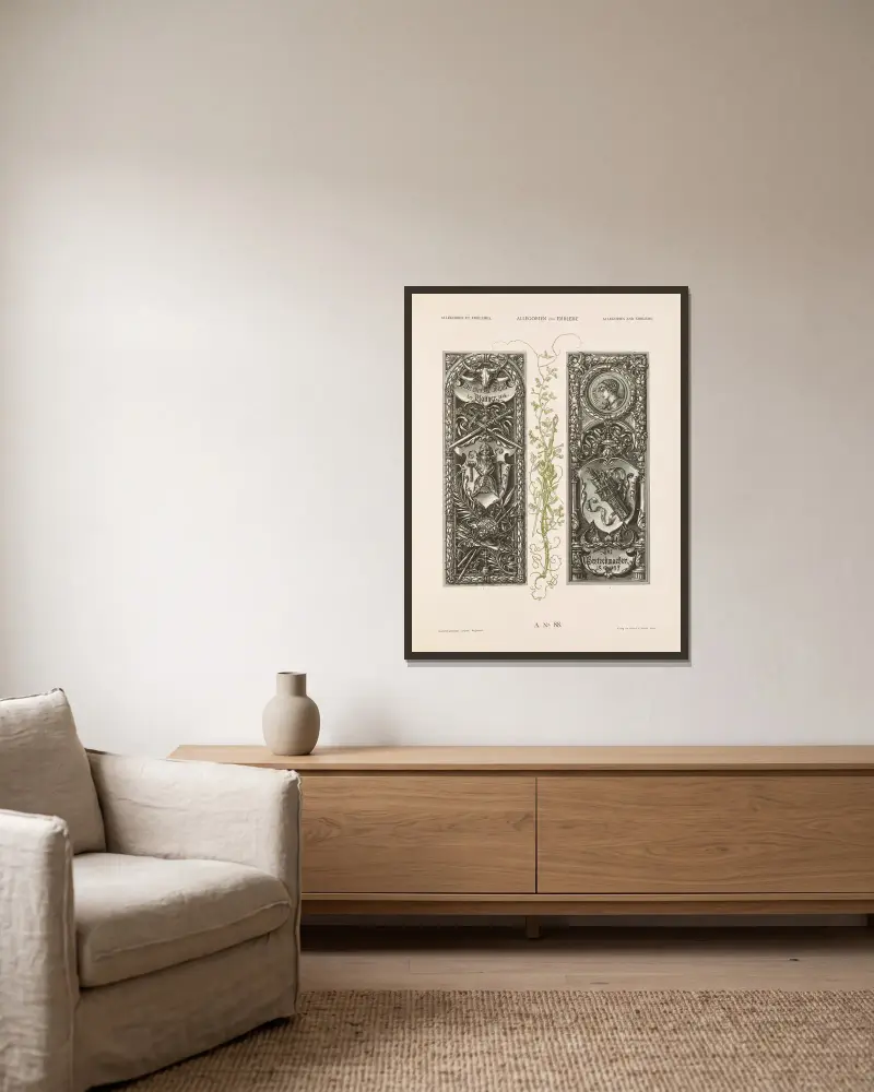 Allegorien und Embleme, Band II, Tafel 098 von Albert Ilg gerahmt an einer Wand