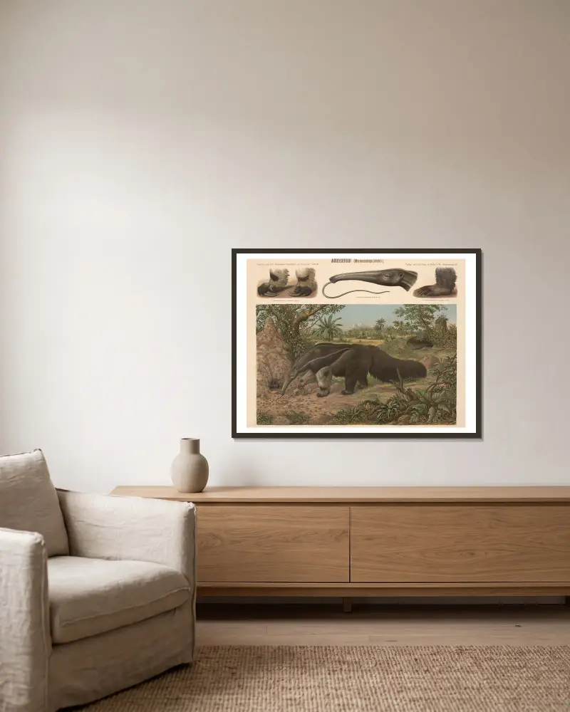 Anteater (Myrmecophaga jubata) av Albert Kull inramad på en vägg