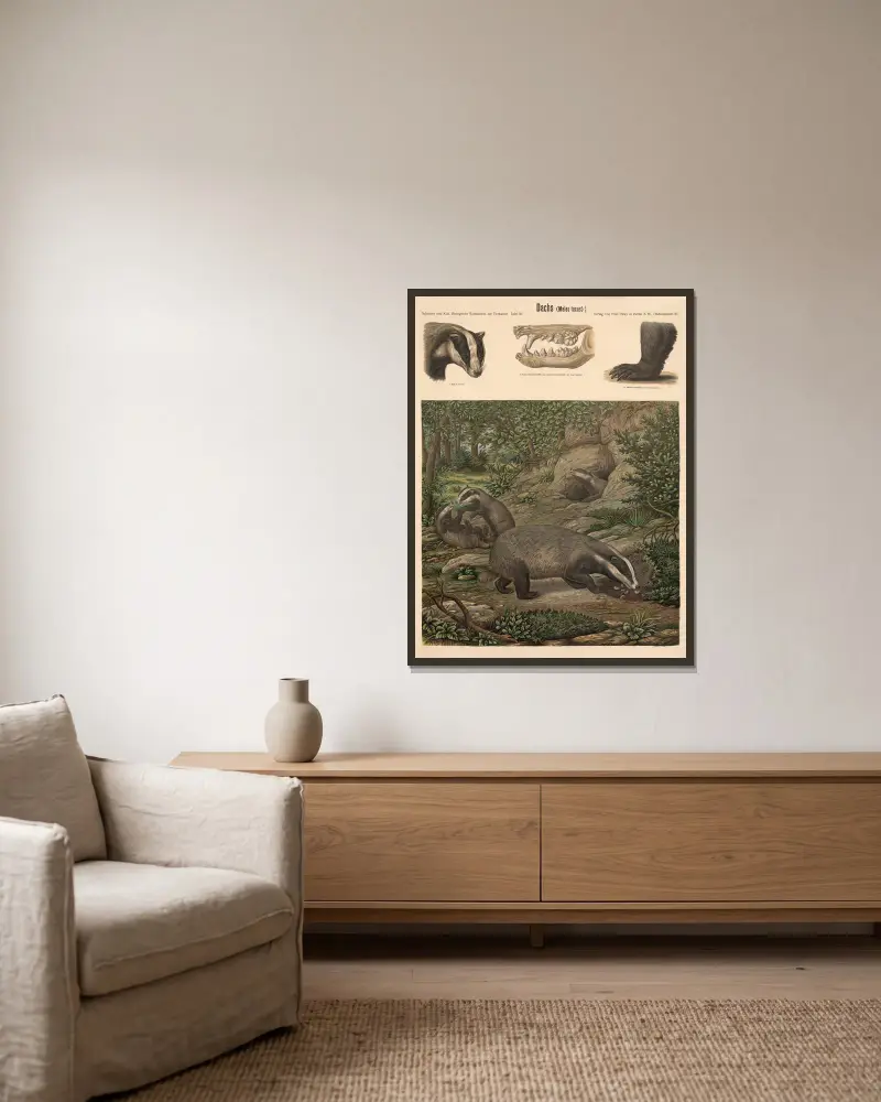 Badger (Meies taxus) av Albert Kull inramad på en vägg