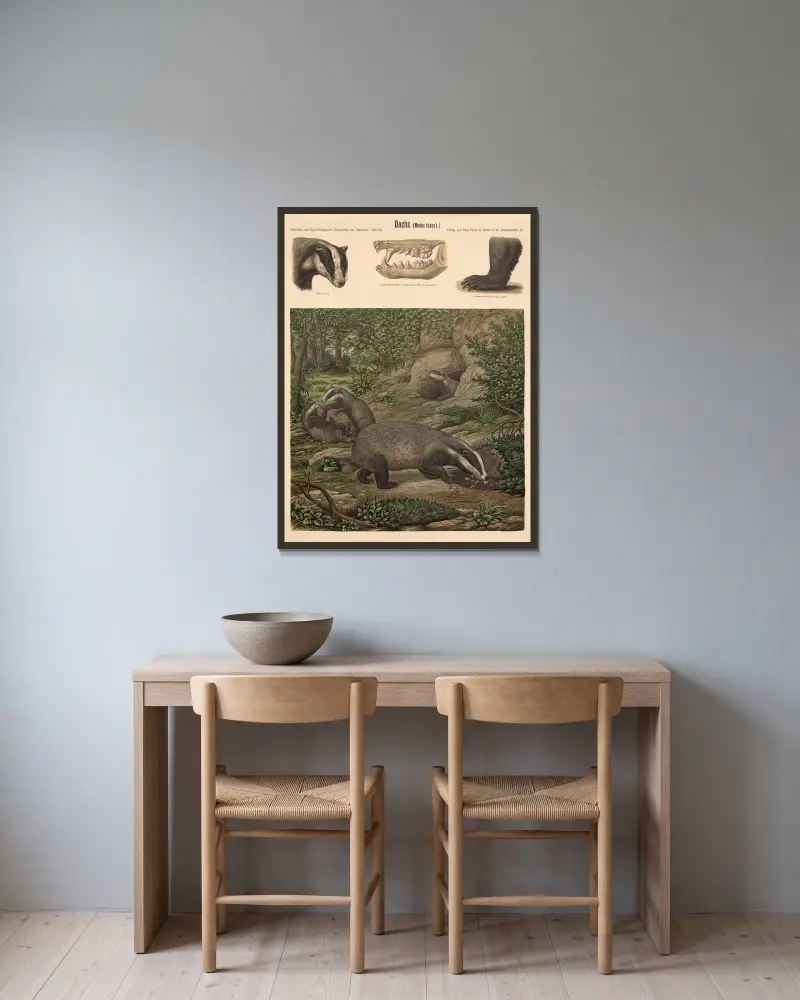 Badger (Meies taxus) av Albert Kull inramad på en vägg