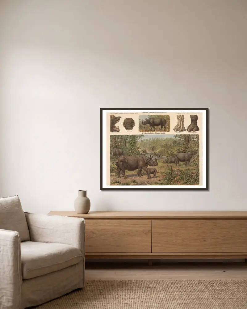 Indisches Nashorn (Rhinoceros unicornis) von Albert Kull gerahmt an einer Wand