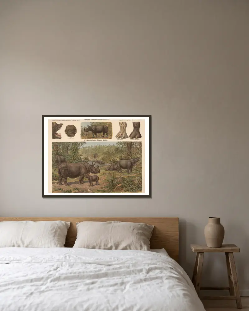 Indisches Nashorn (Rhinoceros unicornis) von Albert Kull gerahmt an einer Wand