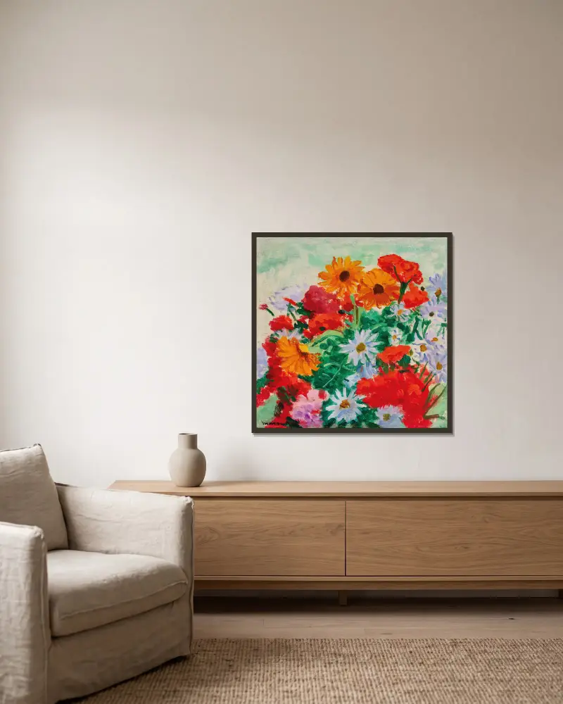 Strauß mit Margeriten, Ringelblumen und Geranien von Albert Marquet gerahmt an einer Wand