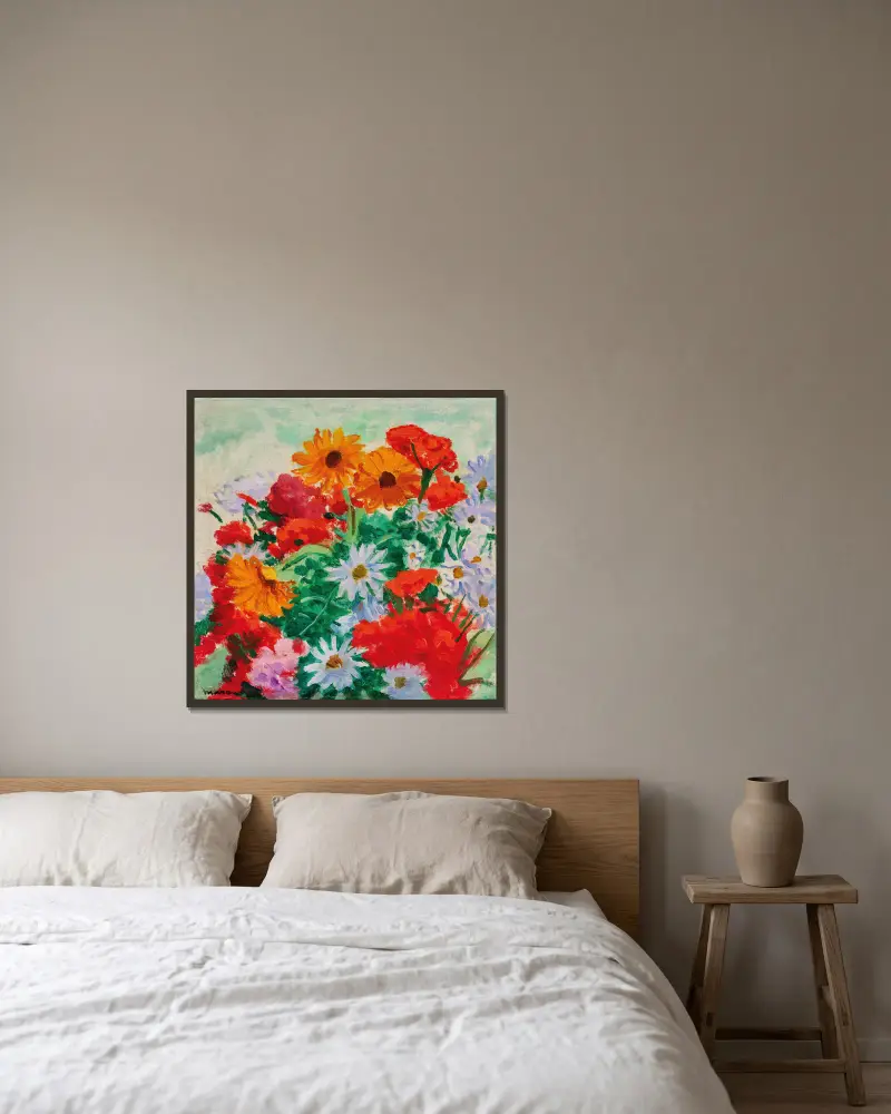 Strauß mit Margeriten, Ringelblumen und Geranien von Albert Marquet gerahmt an einer Wand