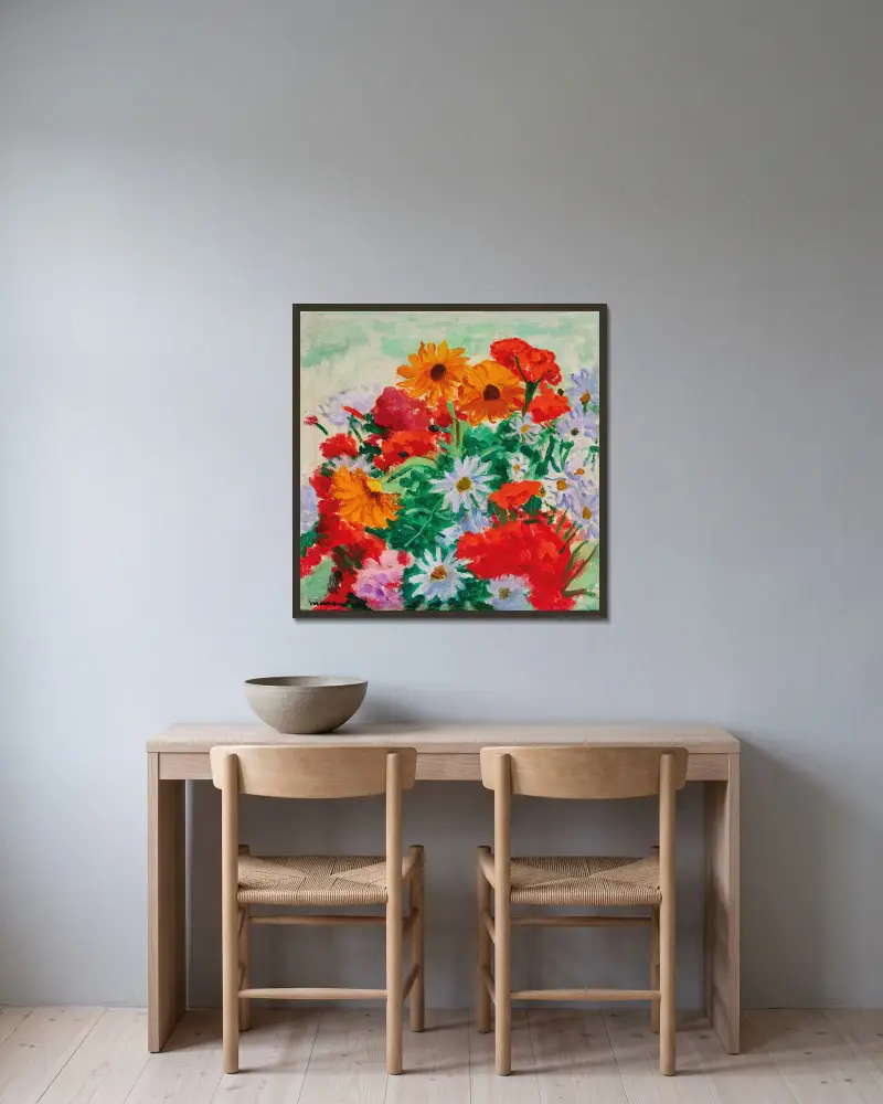 Strauß mit Margeriten, Ringelblumen und Geranien von Albert Marquet gerahmt an einer Wand