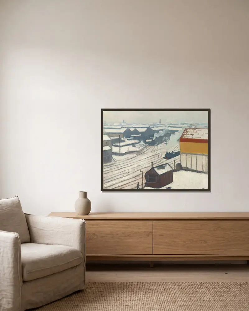 Gare Montparnasse i snö av Albert Marquet inramad på en vägg
