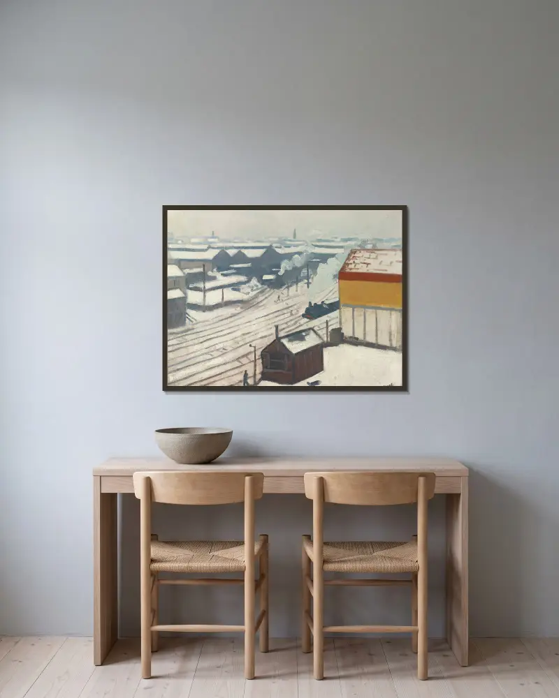 Gare Montparnasse i snö av Albert Marquet inramad på en vägg