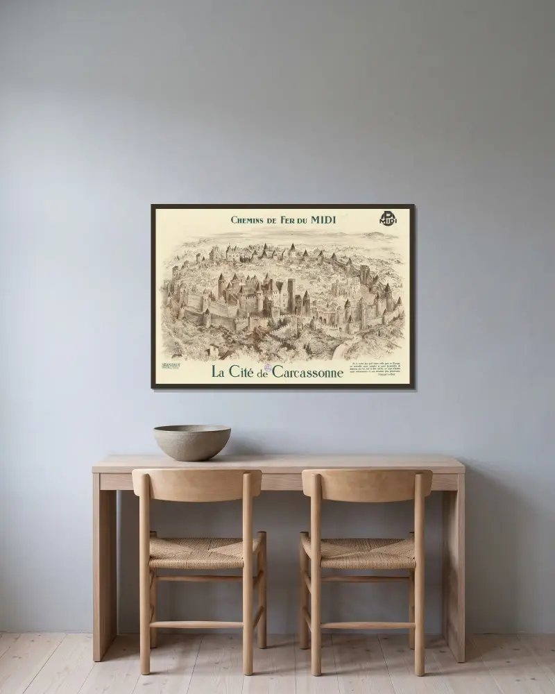 Chemins de fer du Midi. La Cité de Carcassonne av Albert Robida inramad på en vägg