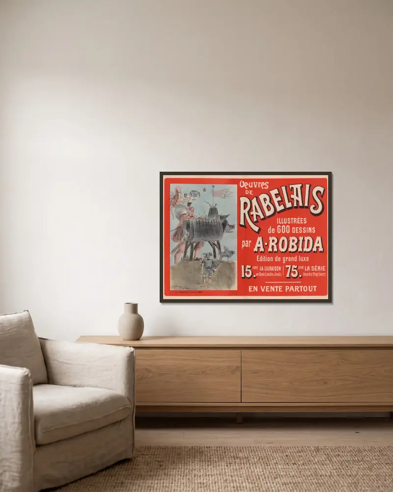 Rabelais verk illustrerade med 600 teckningar av A. Robida av Albert Robida inramad på en vägg