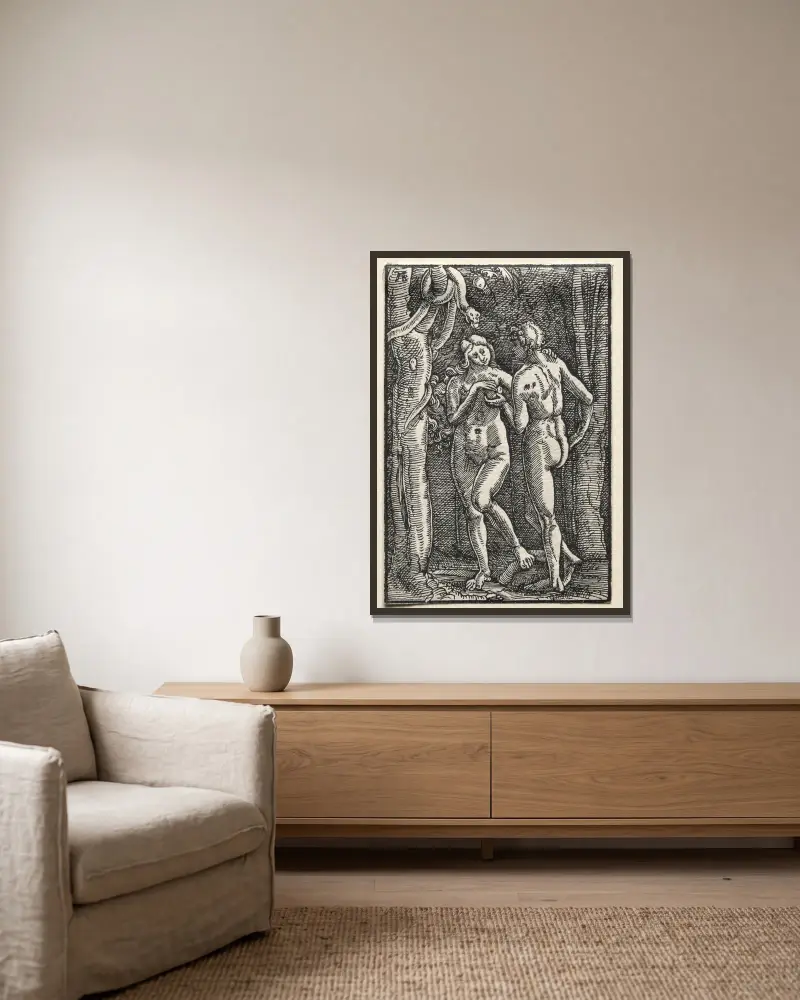 Adam och Eva äter den förbjudna frukten av Albrecht Altdorfer inramad på en vägg