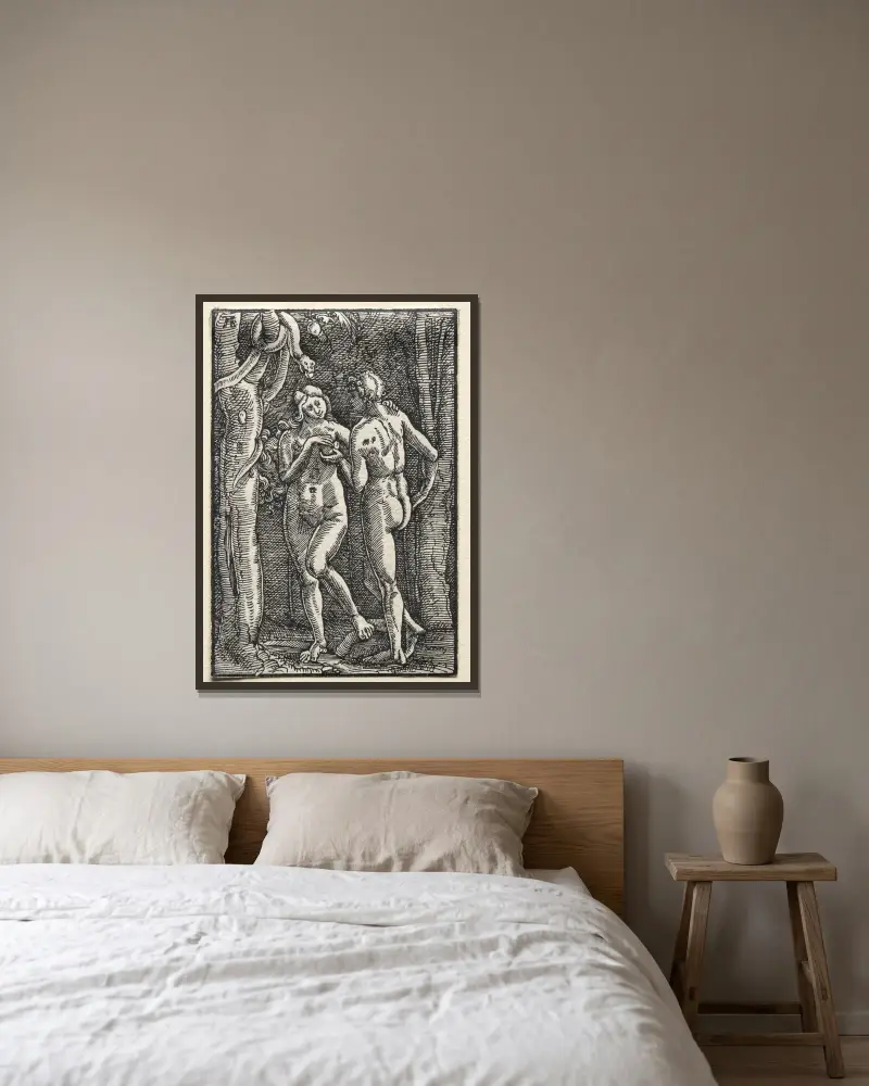 Adam och Eva äter den förbjudna frukten av Albrecht Altdorfer inramad på en vägg