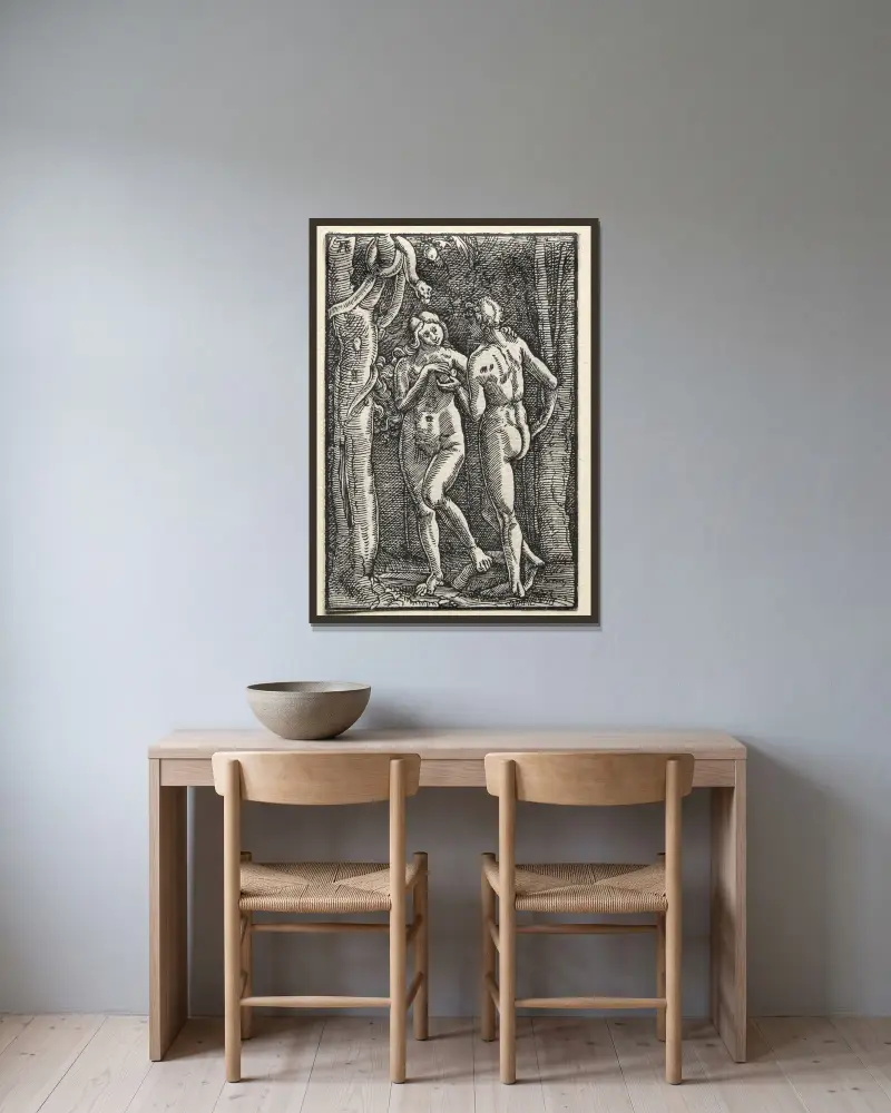 Adam och Eva äter den förbjudna frukten av Albrecht Altdorfer inramad på en vägg
