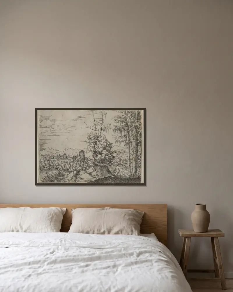 Landschaft mit zwei Kiefern von Albrecht Altdorfer gerahmt an einer Wand
