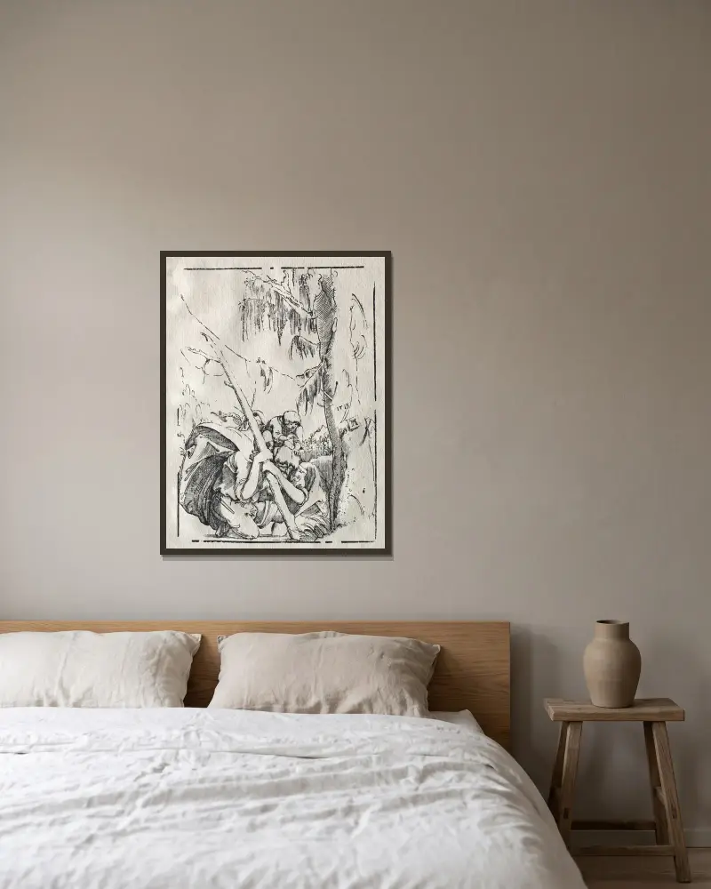 Sankt Kristoffer som bär Kristus över vattnet av Albrecht Altdorfer inramad på en vägg