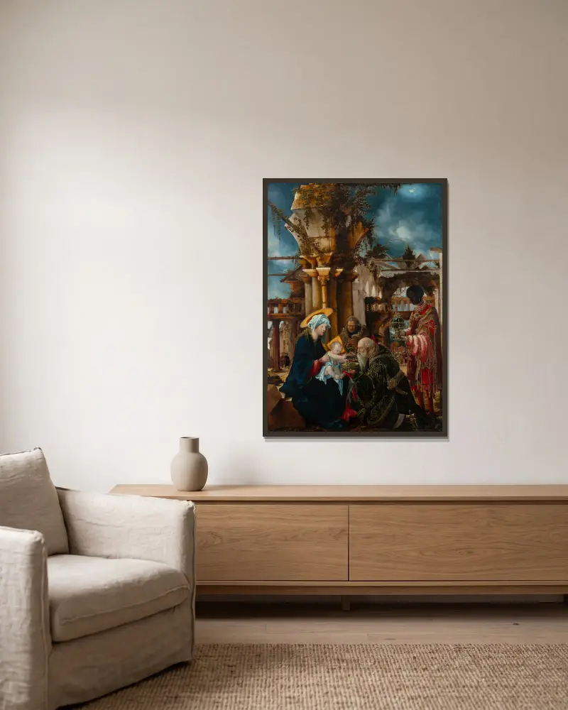 Konungarnas tillbedjan av Albrecht Altdorfer inramad på en vägg