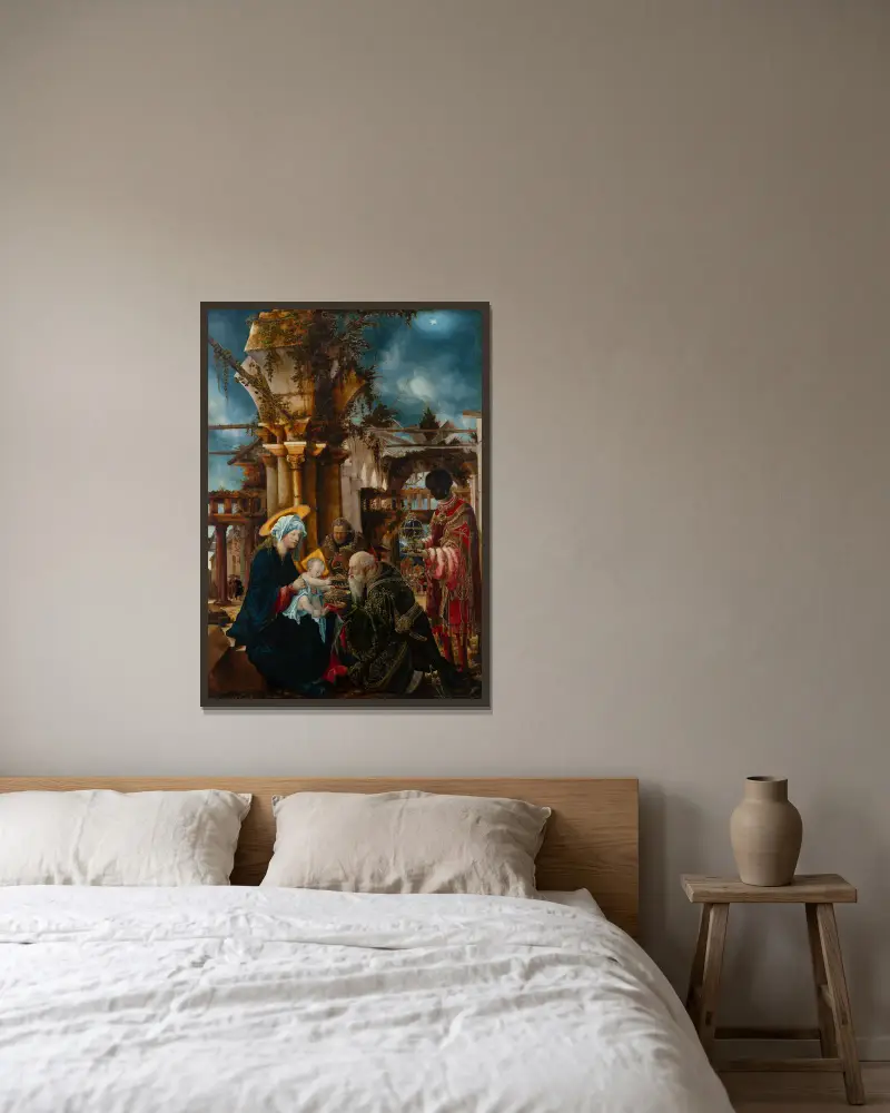 Konungarnas tillbedjan av Albrecht Altdorfer inramad på en vägg