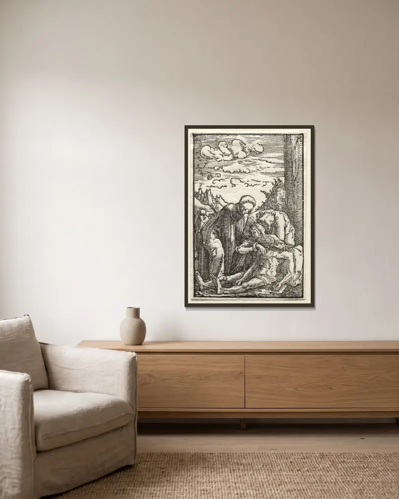 Klagosången under korset av Albrecht Altdorfer inramad på en vägg