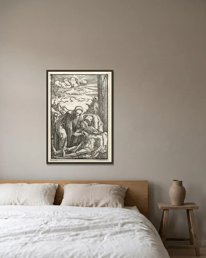 Klagosången under korset av Albrecht Altdorfer inramad på en vägg