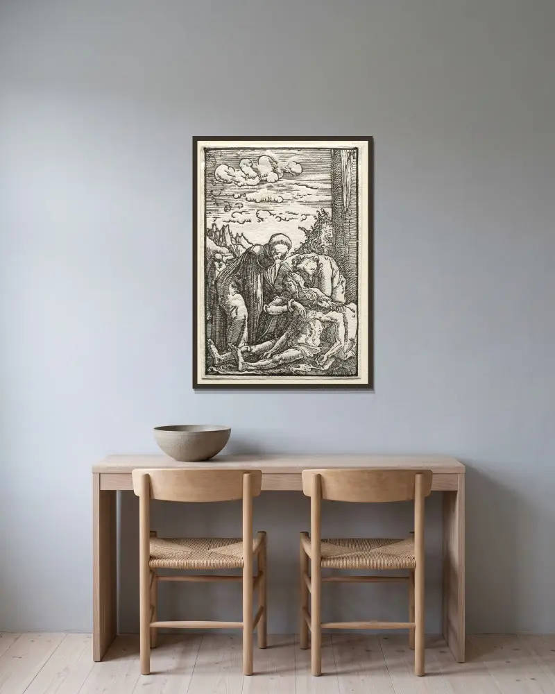 Klagosången under korset av Albrecht Altdorfer inramad på en vägg