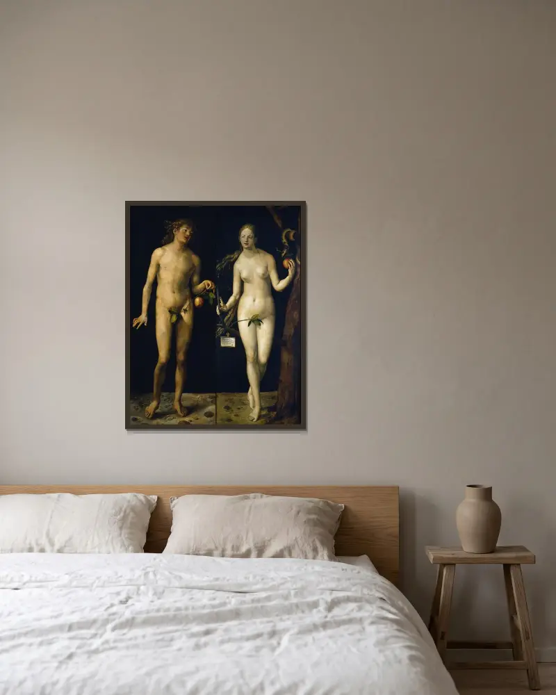 Adam und Eva, 1507 von Albrecht Dürer gerahmt an einer Wand
