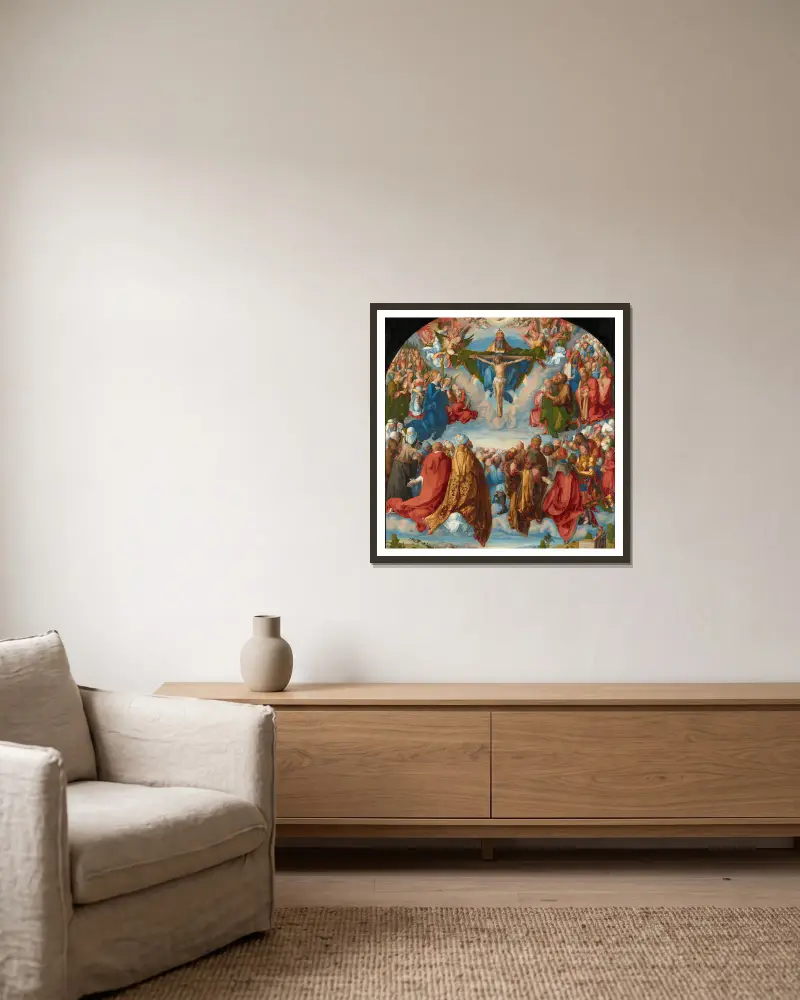 Anbetung der Heiligen Dreifaltigkeit von Albrecht Dürer gerahmt an einer Wand