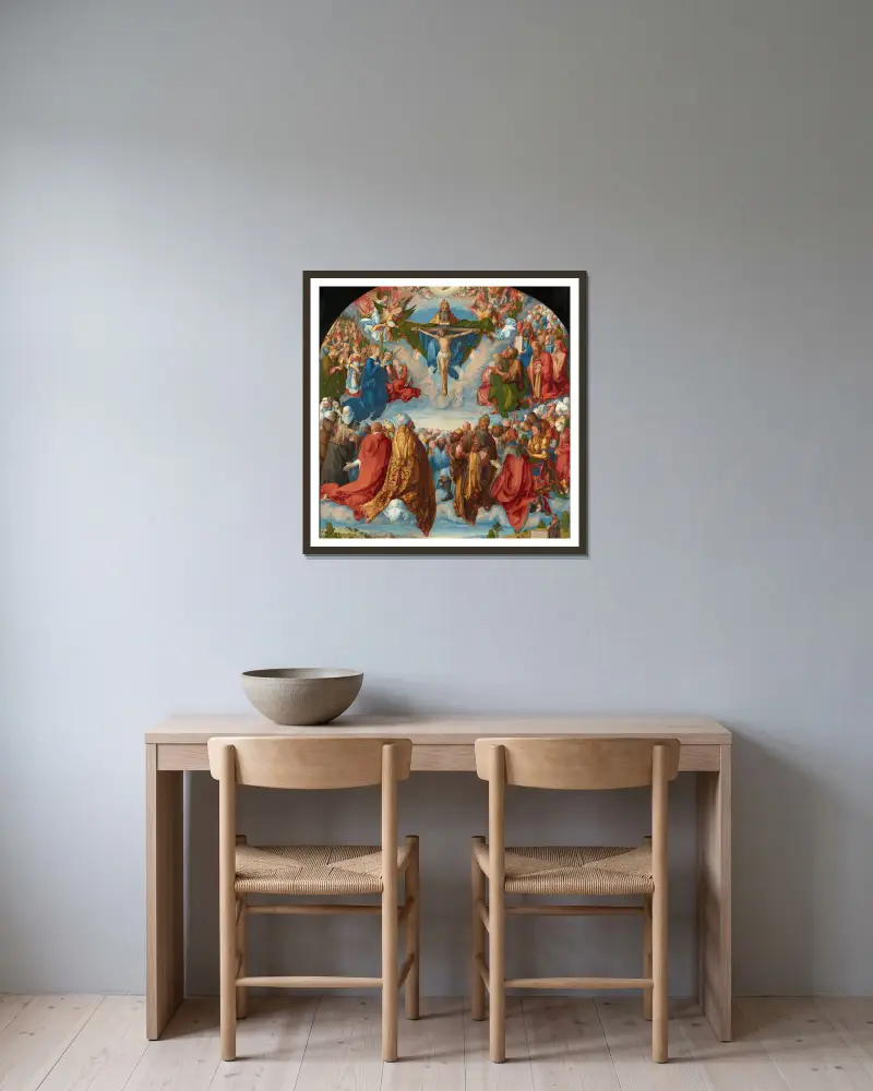 Anbetung der Heiligen Dreifaltigkeit von Albrecht Dürer gerahmt an einer Wand