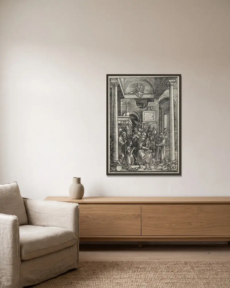 Jungfrun och barnet tillbedda av helgon och änglar av Albrecht Dürer inramad på en vägg