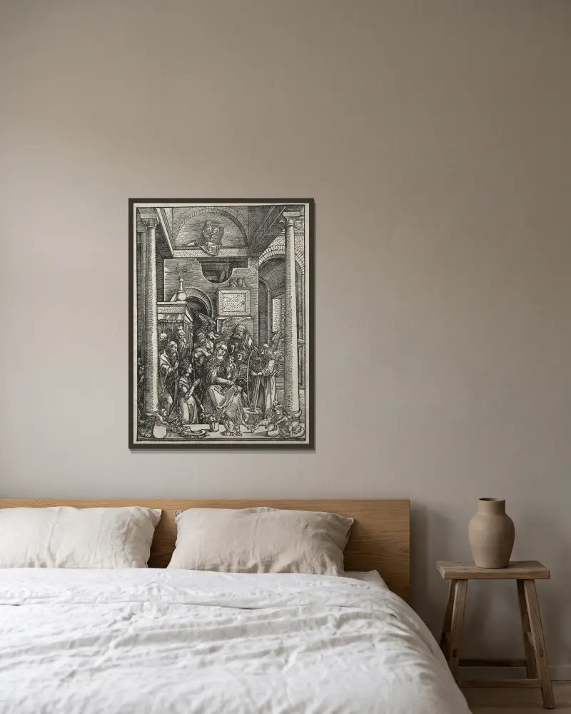 Jungfrun och barnet tillbedda av helgon och änglar av Albrecht Dürer inramad på en vägg