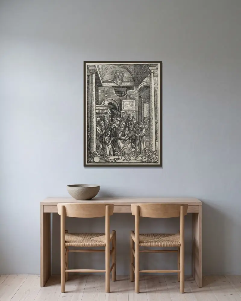 Jungfrun och barnet tillbedda av helgon och änglar av Albrecht Dürer inramad på en vägg