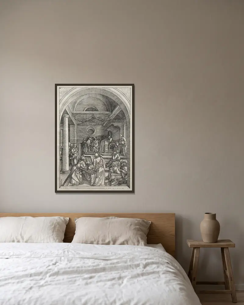 Christ Among the Doctors av Albrecht Dürer inramad på en vägg