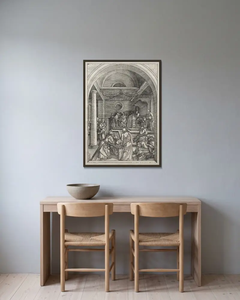 Christ Among the Doctors av Albrecht Dürer inramad på en vägg